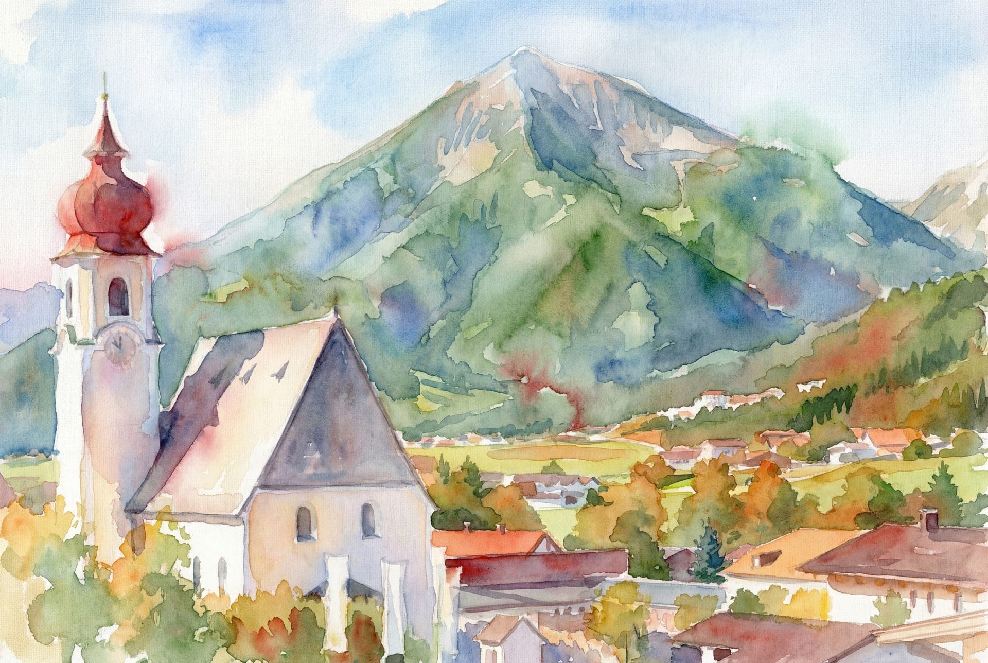 Watercolor painting from a photo of a village church and houses below a mountain (example)