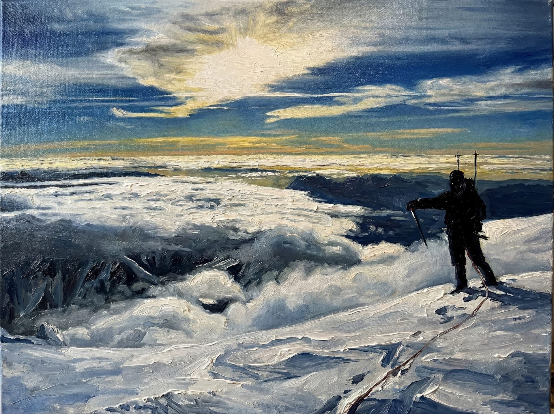 Oil painting from a photo of a ski tourer standing above the clouds (example)