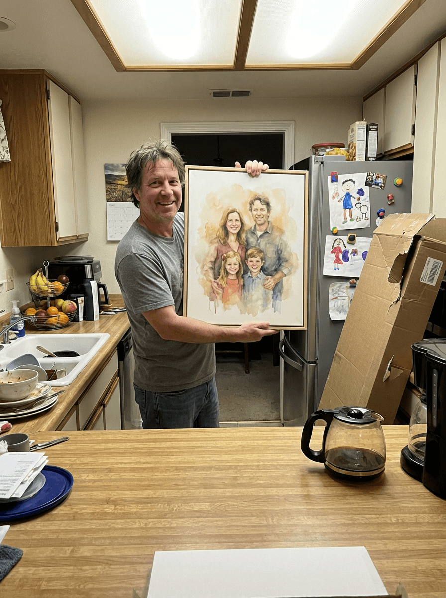 Dad holding a family canvas painting