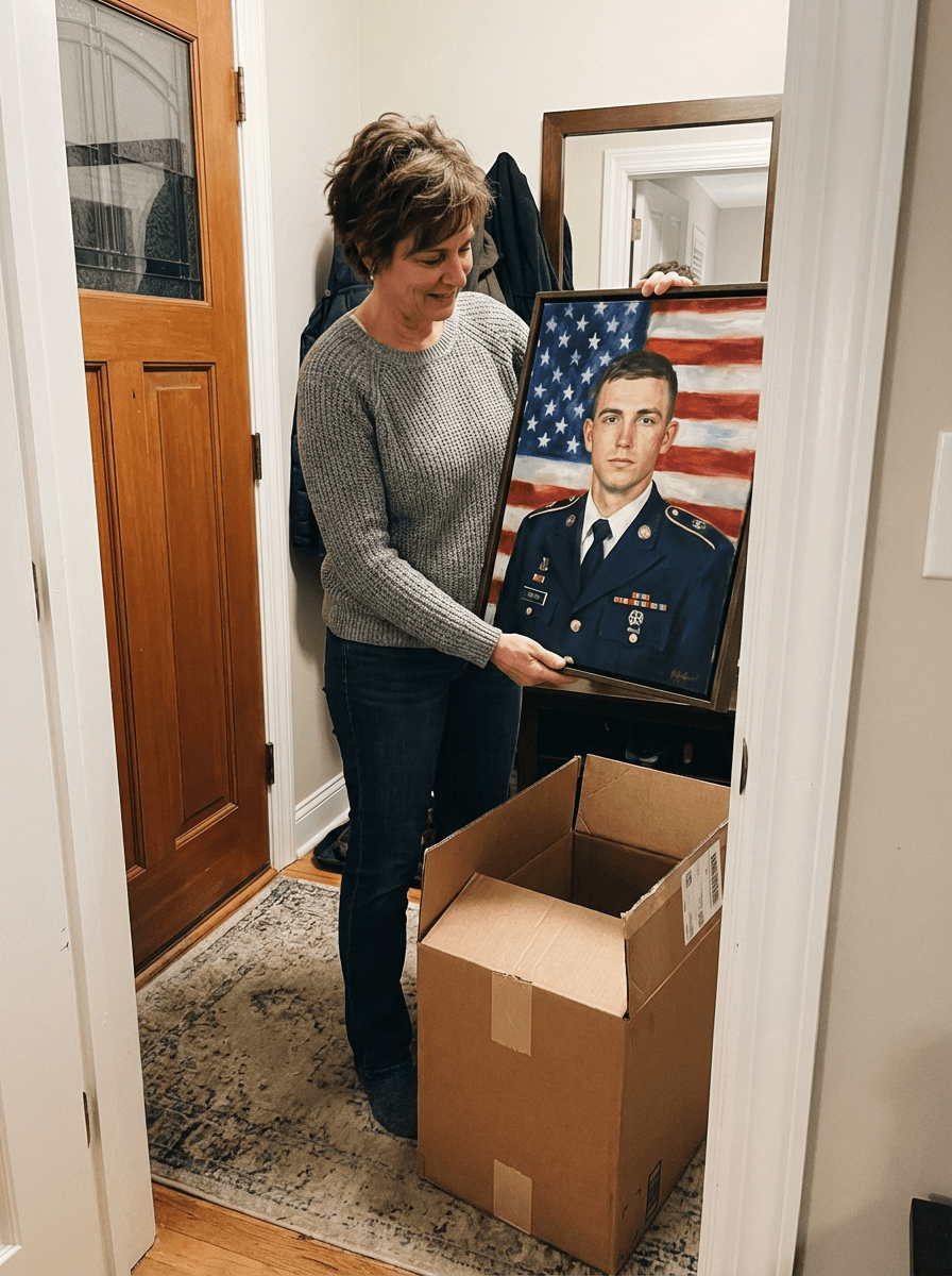 Mother and son with a custom oil painting