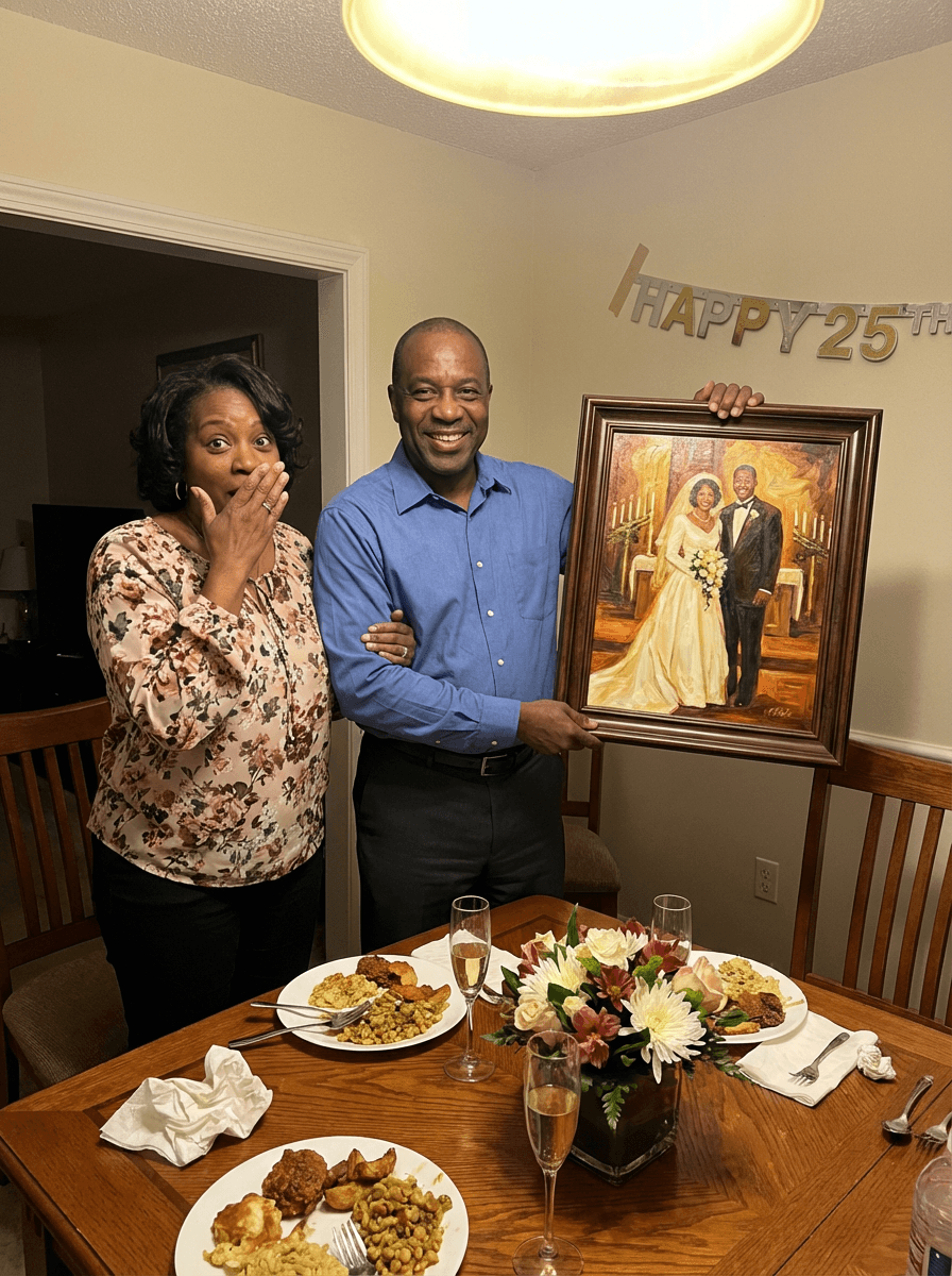 Couple celebrating an anniversary with their custom canvas painting