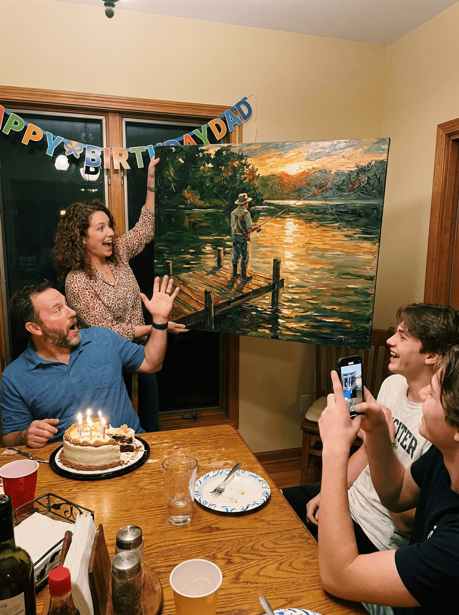 Wife surprising her husband with a wedding-photo canvas painting